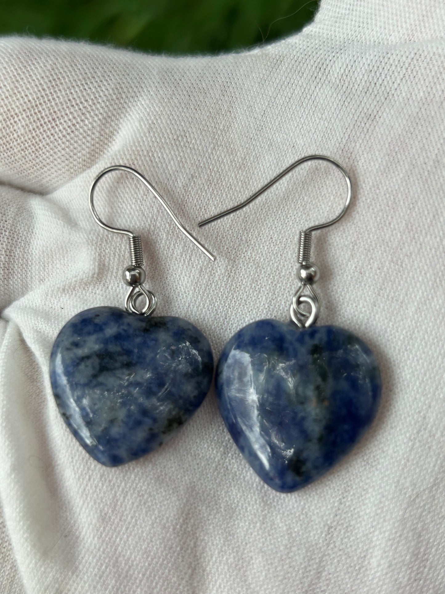 Polished Sodalite Heart Earrings with silver hooks