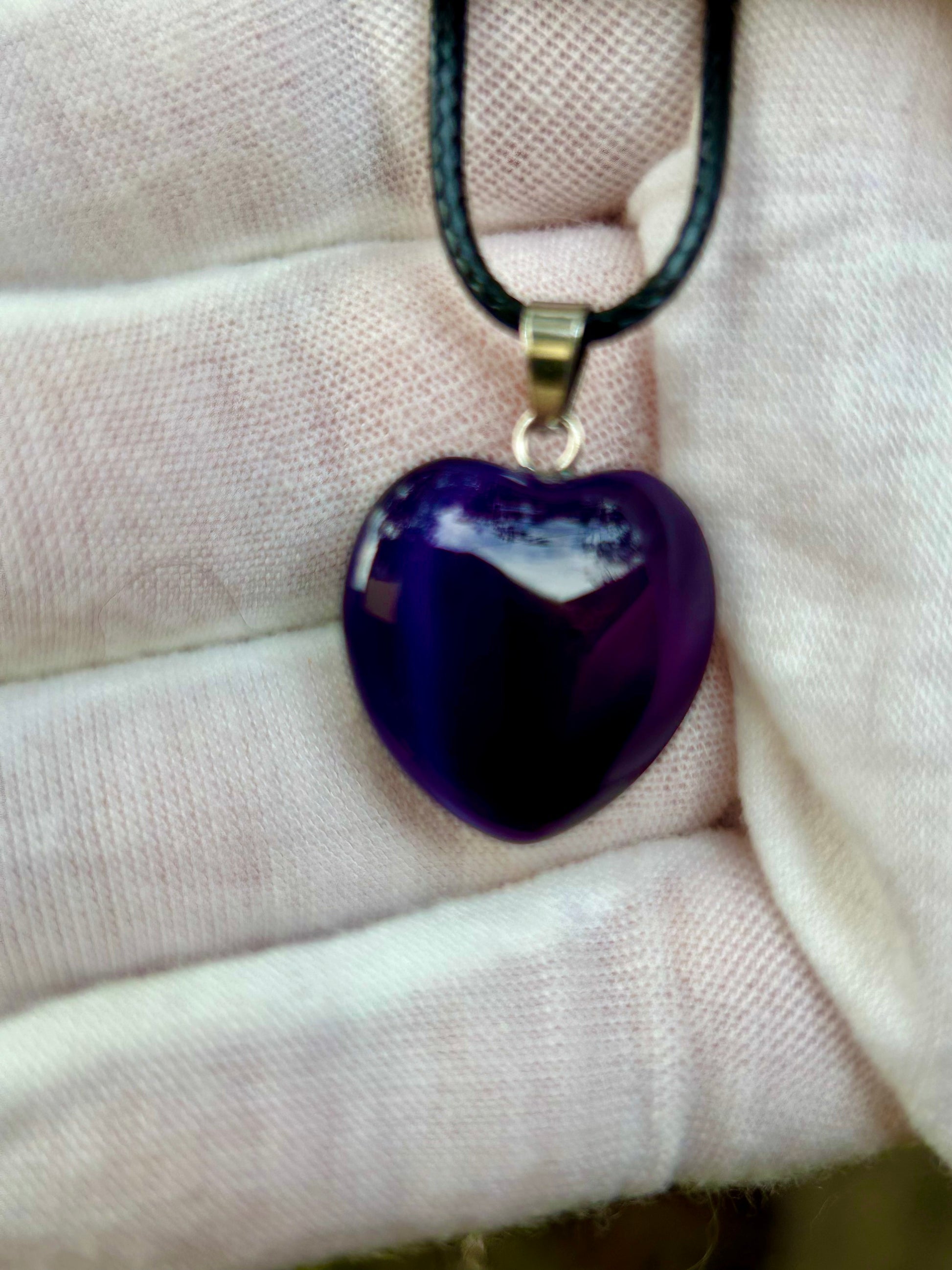 Purple Agate polished heart shape pendant silver pendant attachment and black cord necklace