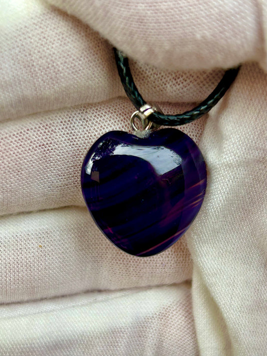 Purple Agate polished heart shape pendant silver pendant attachment and black cord necklace