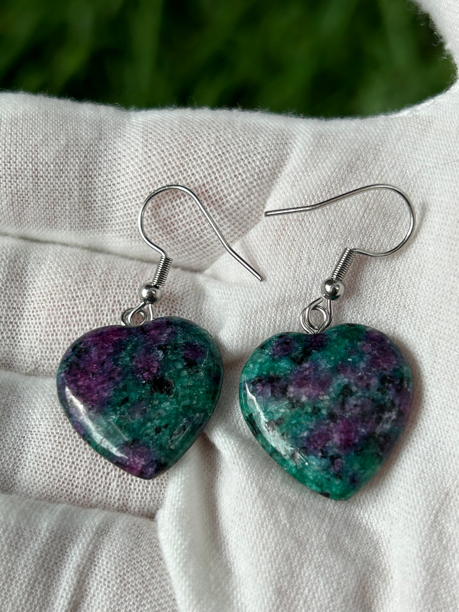 Ruby in Zoisite Heart  shaped drop Earrings with silver hooks