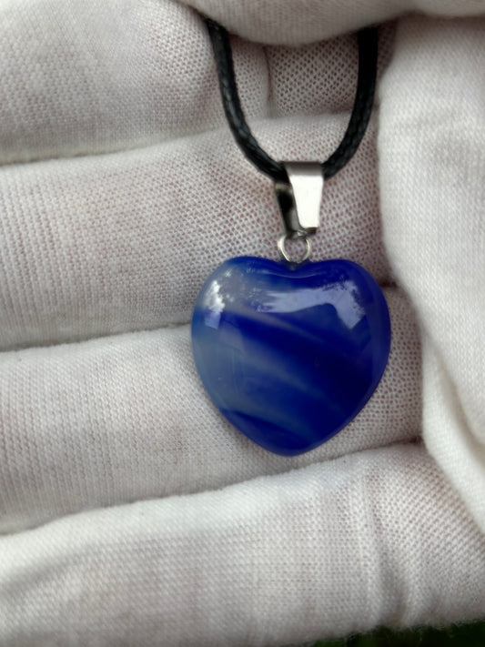 light Blue dark blue agate polished crystal heart shaped pendant with silver pendant connector black cord necklace