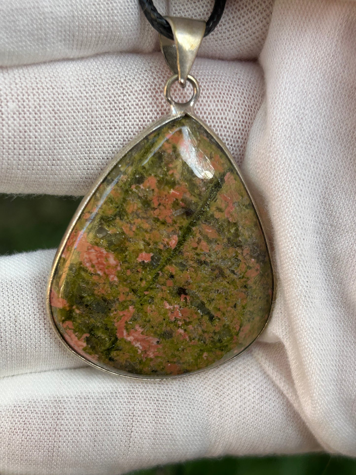 Large Unakite orange green pink tones water drop pendant set in sterling silver with black cord necklace