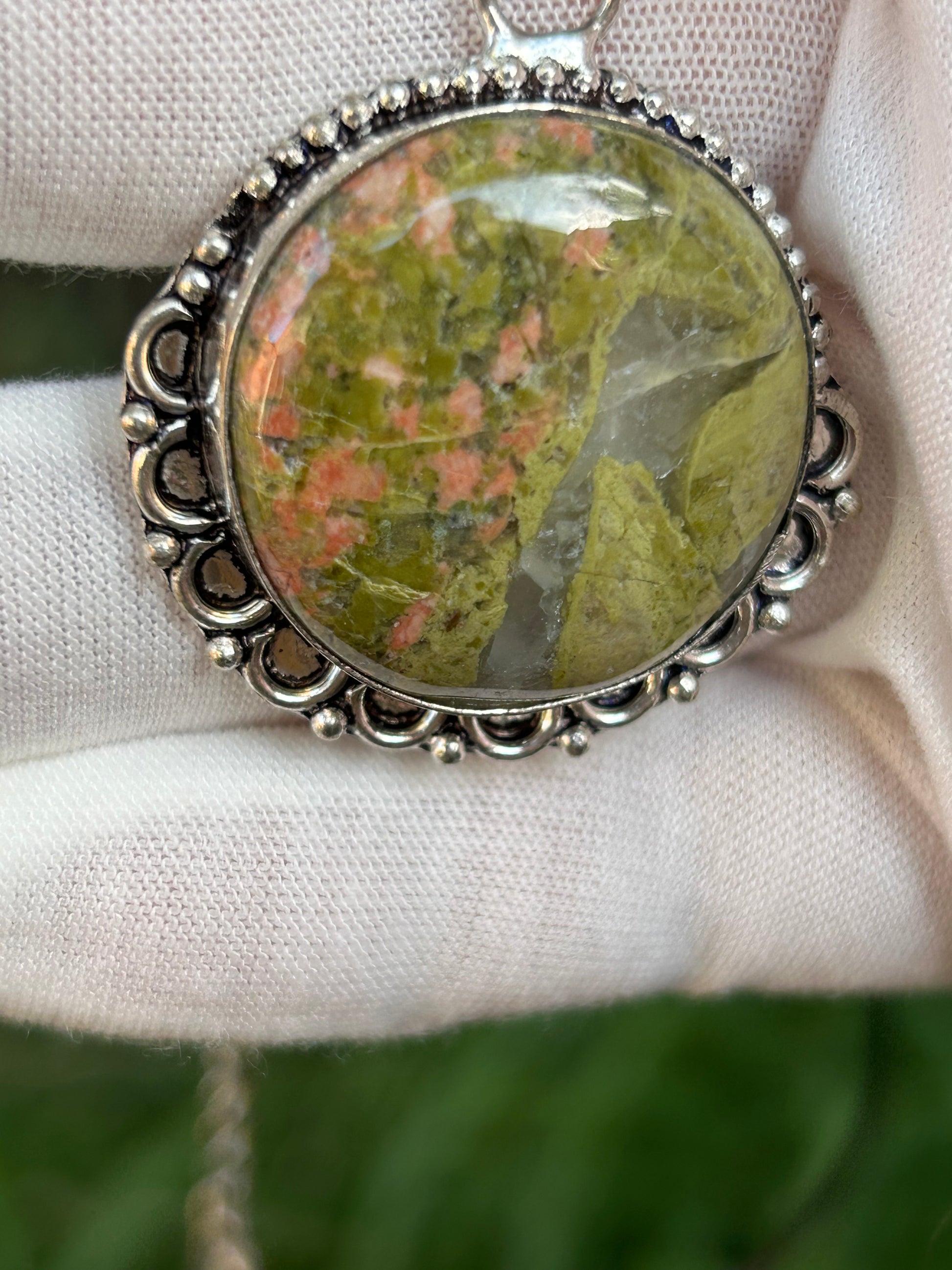 Unakite  green orange pink Round  intricate 925 Antique Sterling Silver Plated Pendant