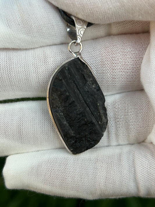 Textured Black Tourmaline 925 Sterling Silver Plated Pendant with black cord necklace