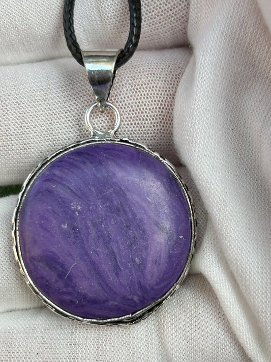 Charoite purple stone round pendant  antique silver setting