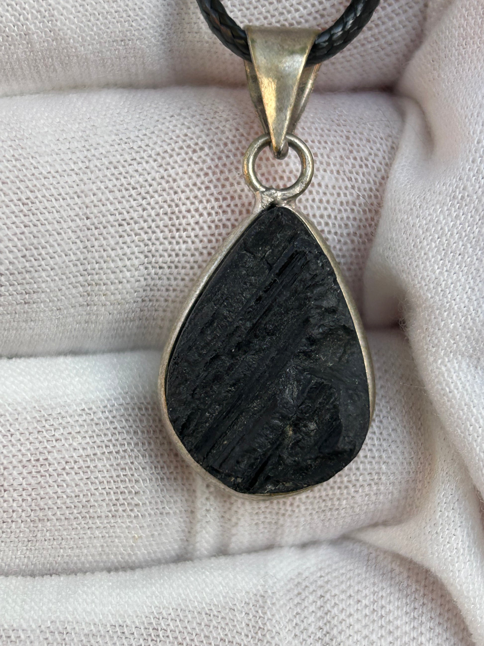 Textured Black Tourmaline 925 Sterling Silver Plated Tear Drop Pendant with black cord necklace