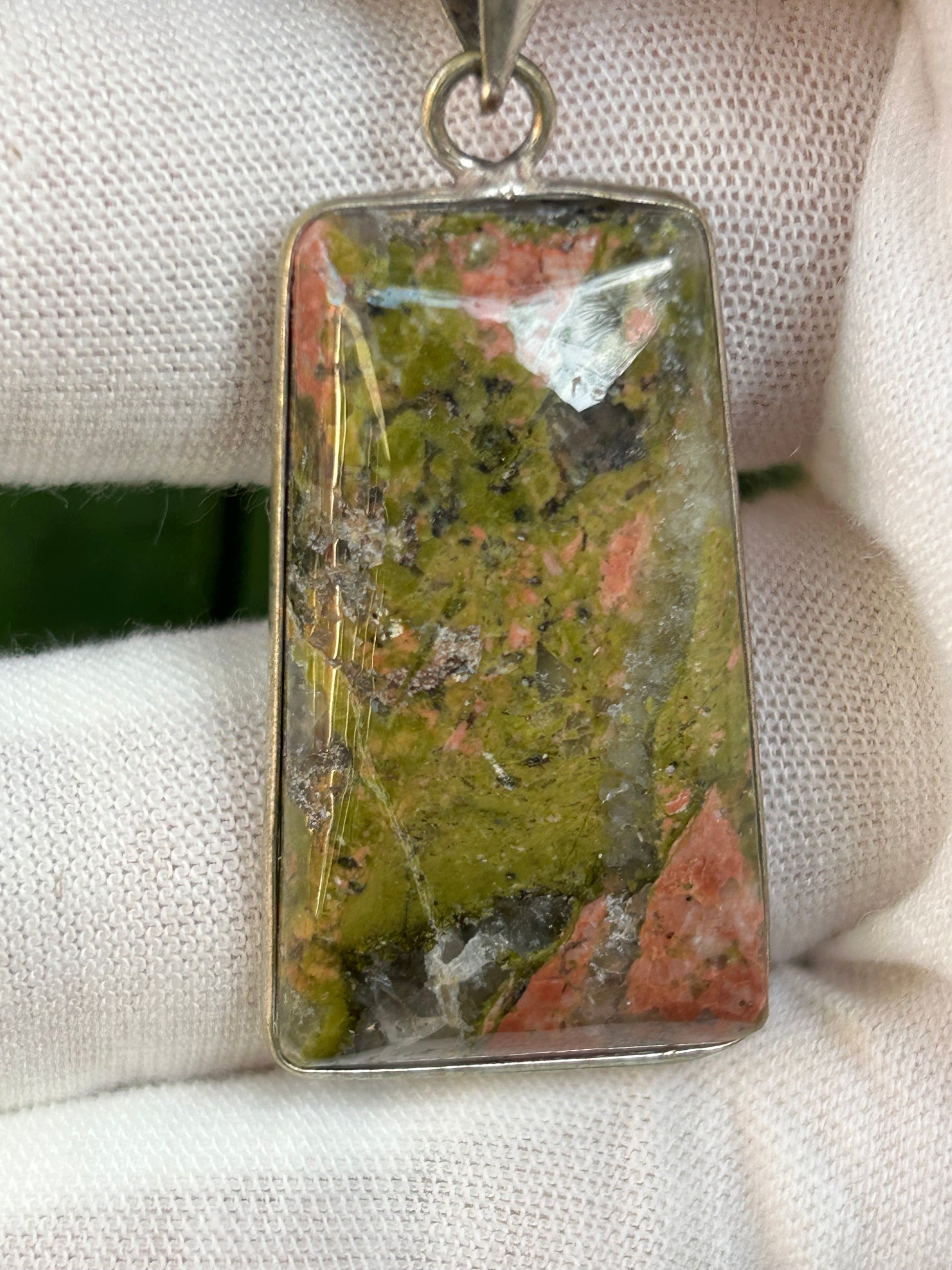 Unakite  green orange pink 925 Antique Sterling Silver Plated Pendant