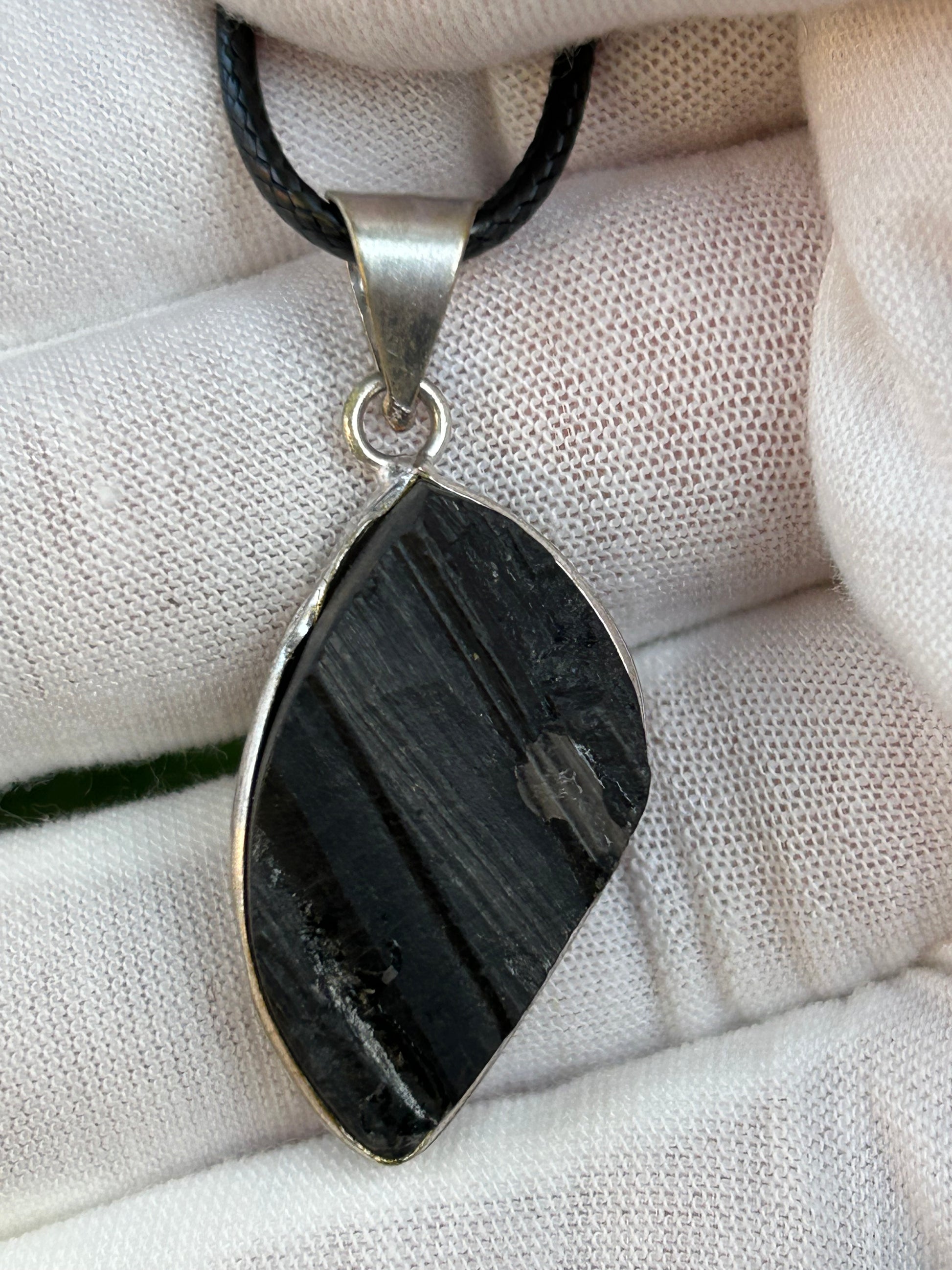 Textured Black Tourmaline 925 Sterling Silver Plated Pendant with black cord necklace