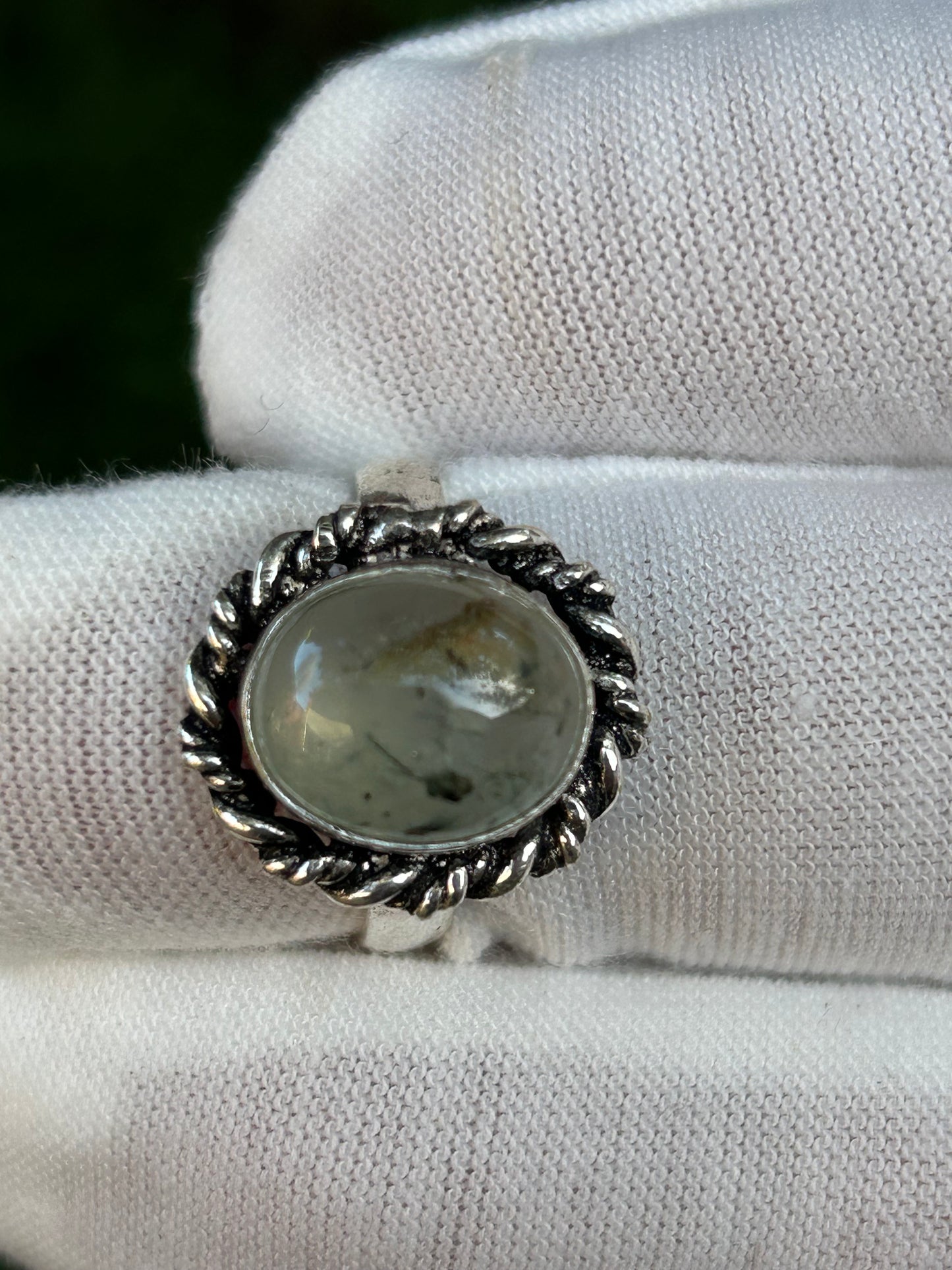 Oval Prehnite adjustable ring in antique silver setting