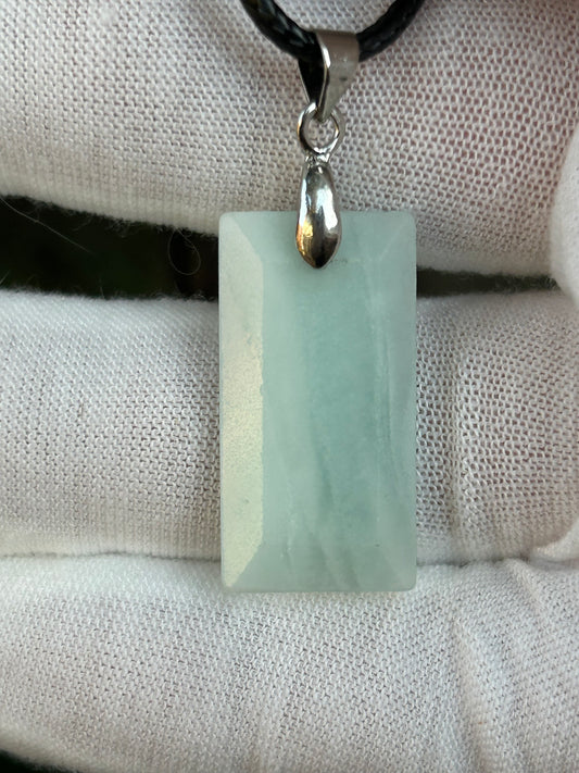 Amazonite Rectangular Polished Pendant with silver pendant attachment and black cord necklace