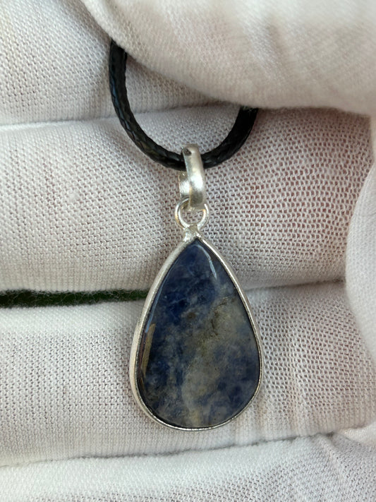 Sodalite Water Drop 925 Sterling Silver Plated Pendant with black cord necklace