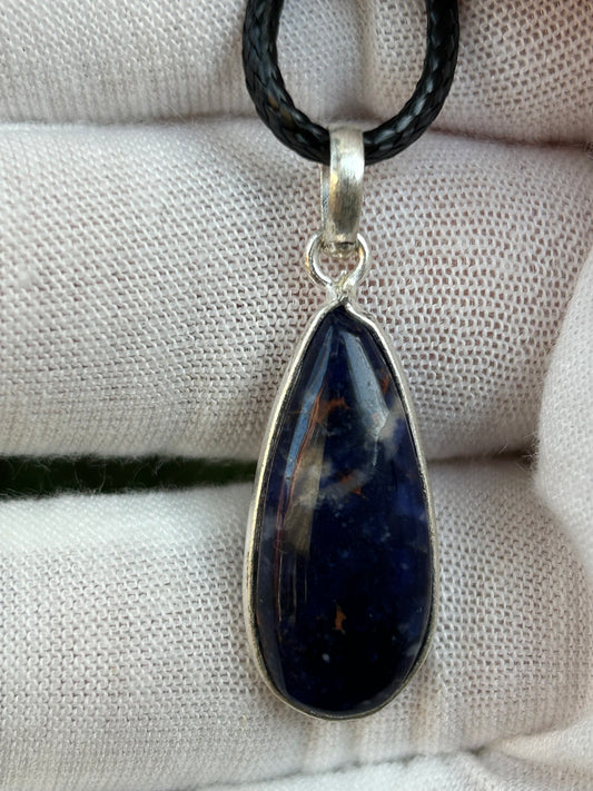 Sodalite Water Drop 925 Sterling Silver Plated Pendant with black cord necklace