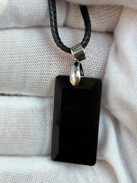 Black Obsidian Rectangular Polished Pendant with silver pendant attachment and black cord necklace