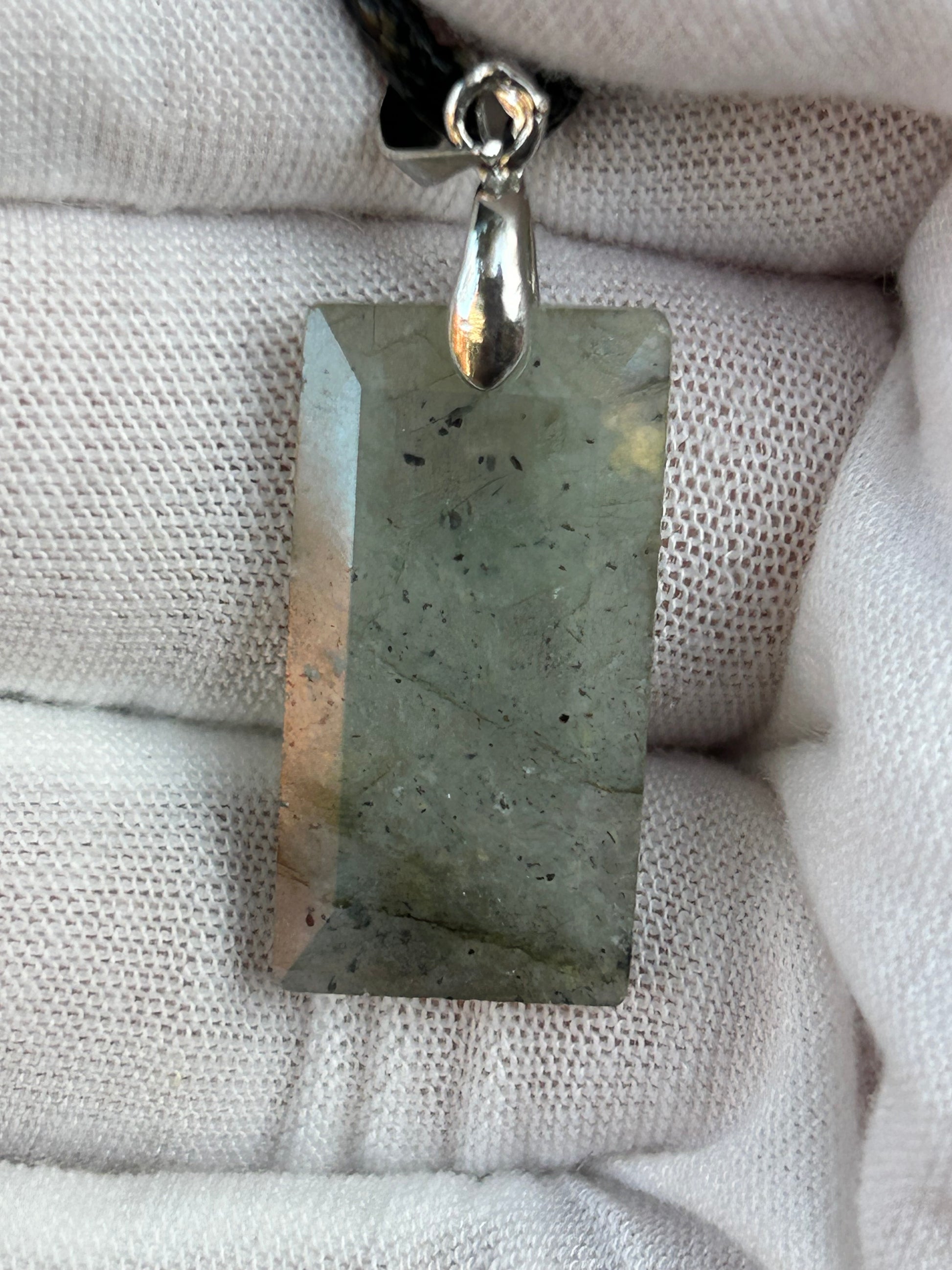 Labradorite Rectangular Polished Pendant with silver pendant attachment and black cord necklace