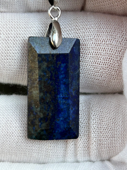 Lapis Lazuli Rectangular Polished Pendant with silver pendant attachment and black cord necklace