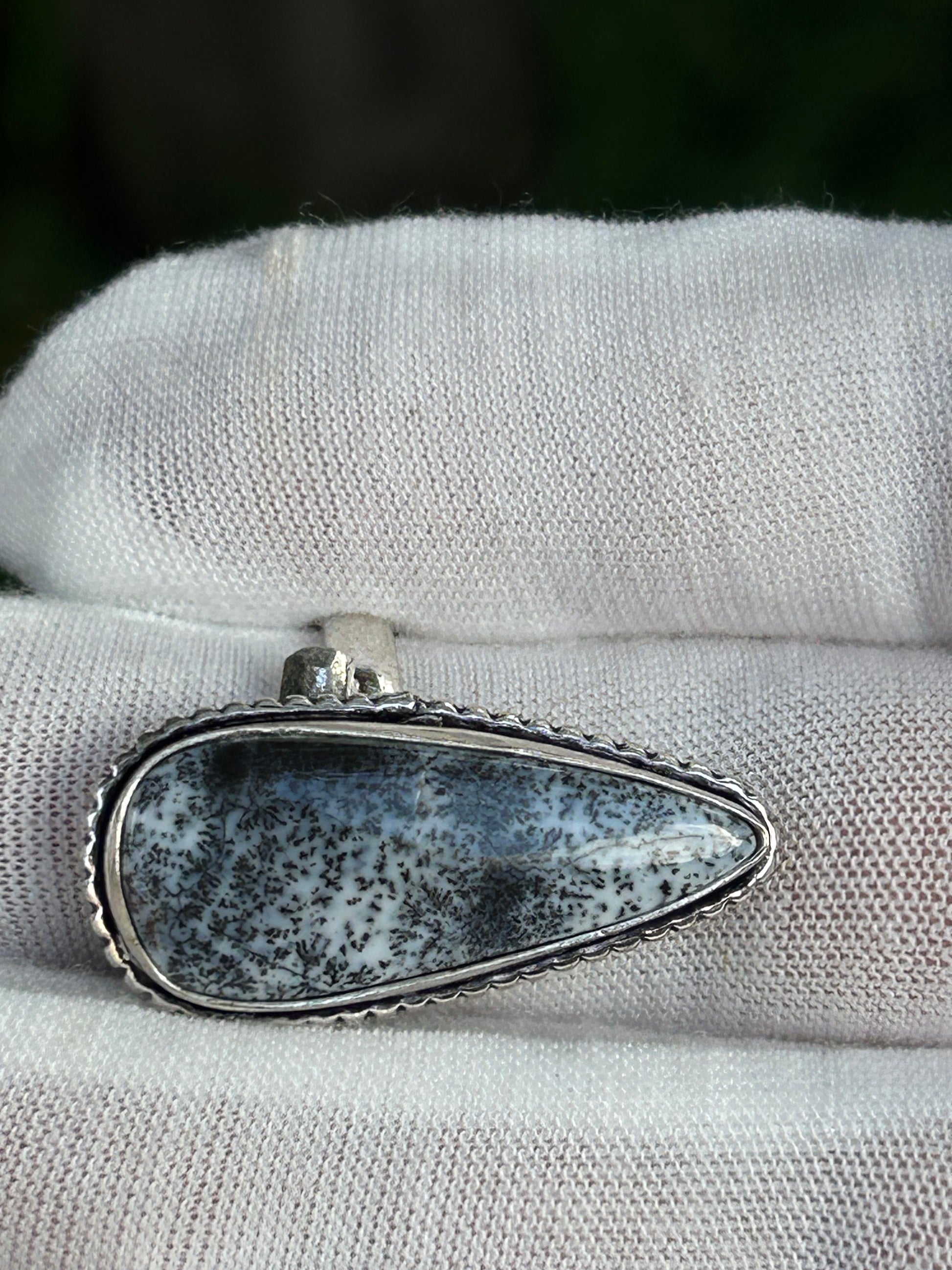 gray black white blue mottled Dendritic Opal Water Drop Adjustable Ring set in silver