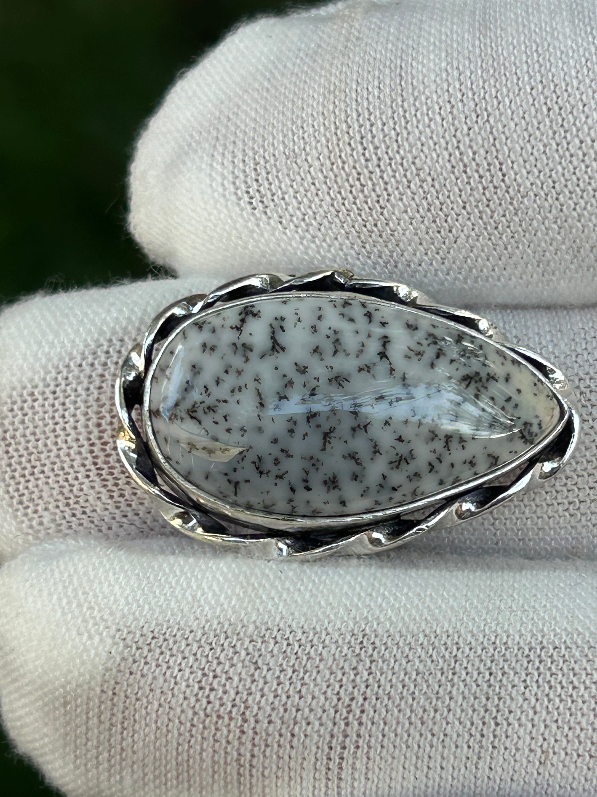 white black grey Dendritic Opal Water Drop Adjustable Ring set in silver