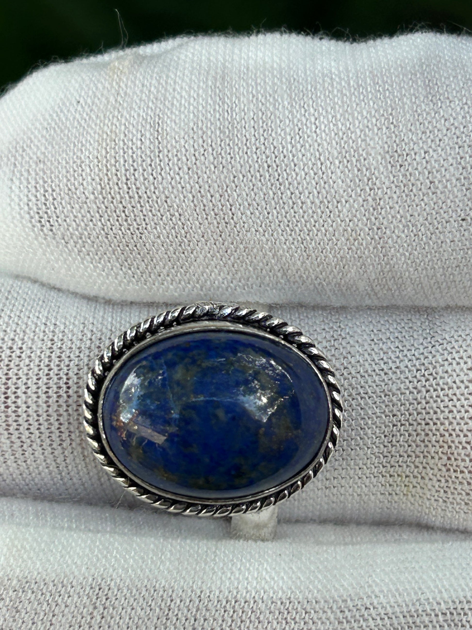 Blue Lapis Lazuli oval adjustable ring set in antique silver