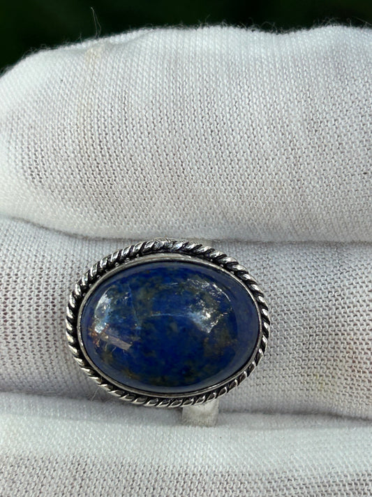 Blue Lapis Lazuli oval adjustable ring set in antique silver