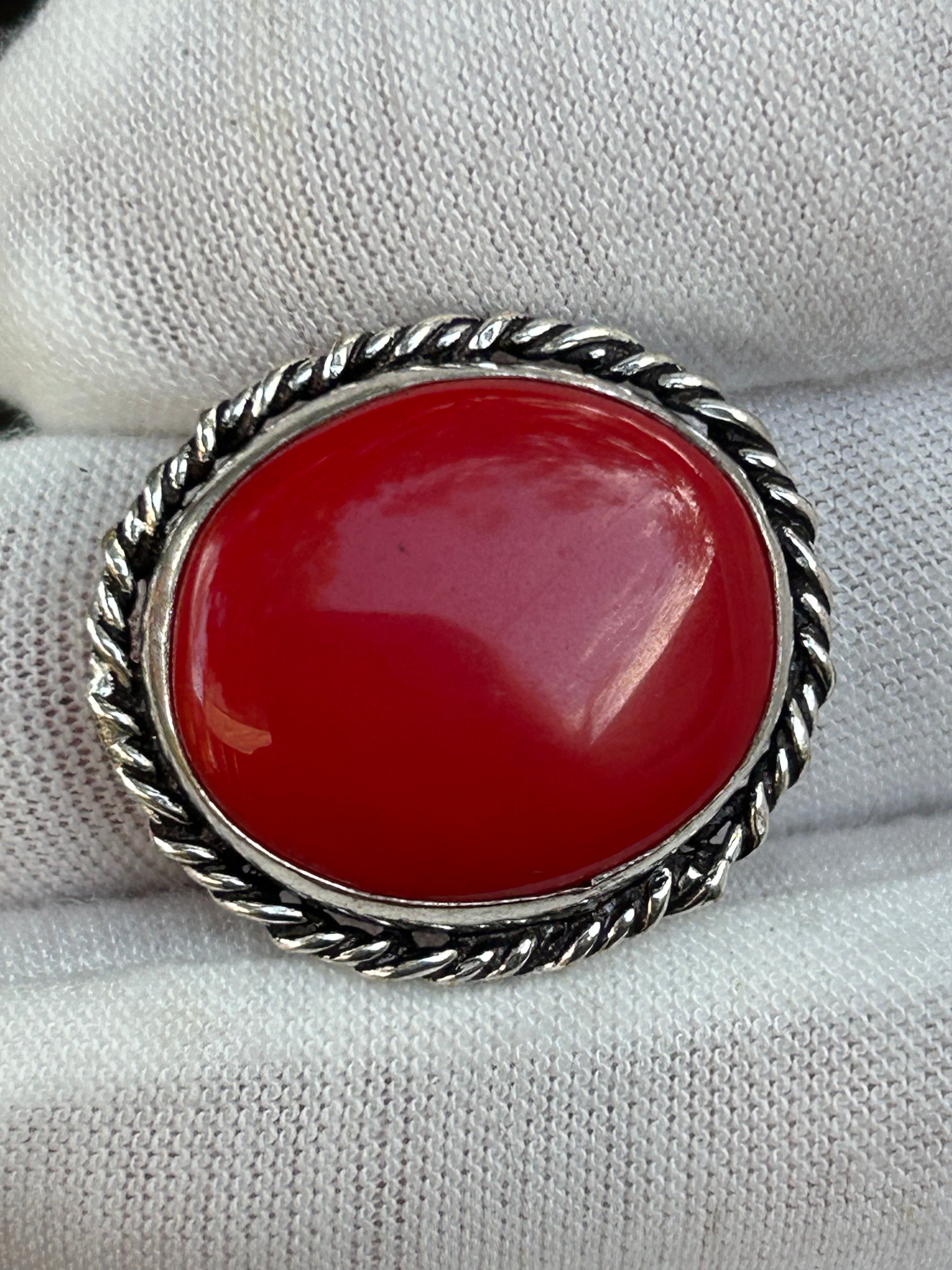 Large Red Coral Oval Adjustable ring set in antique silver