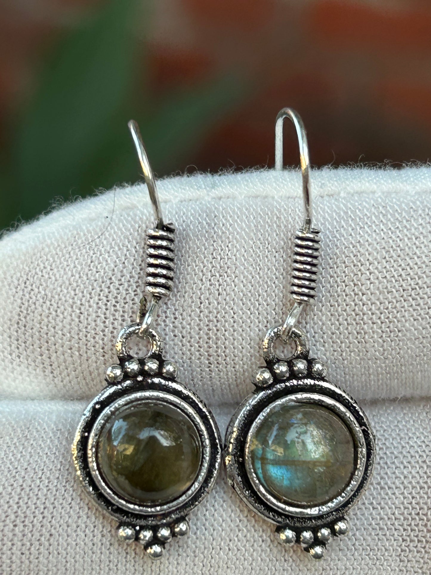 Labradorite drop earrings set in antique silver unique design