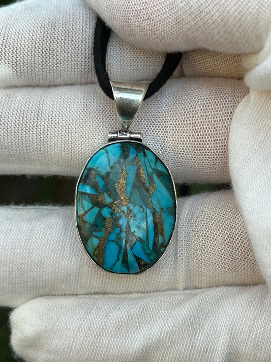 Blue Copper Turquoise Handmade 925 Sterling Silver Plated  oval Pendant