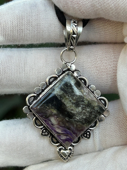 Charoite diamond shaped pendant in antizue sterling silver intricate setting