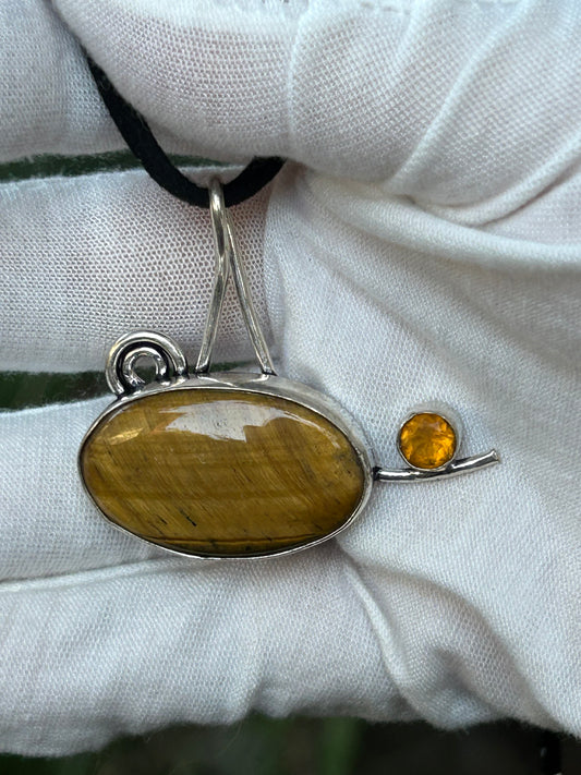 Artistically designed tigers eye, citrine and 925 sterling silver pendant with black cord necklace