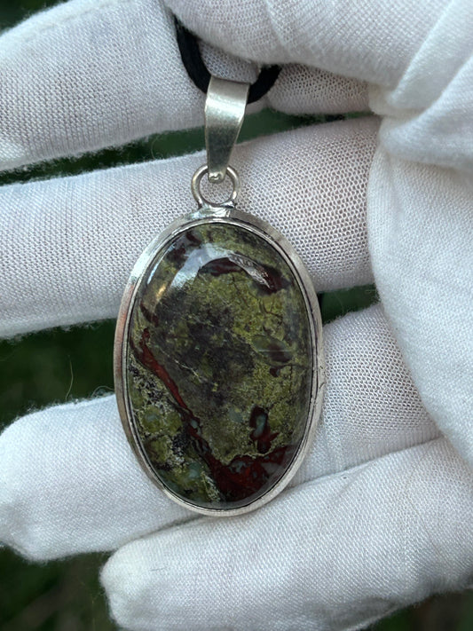 brown green yellow oval Lemon Chrysoprase Handmade 925 Sterling Silver Plated Pendant on black cord necklace