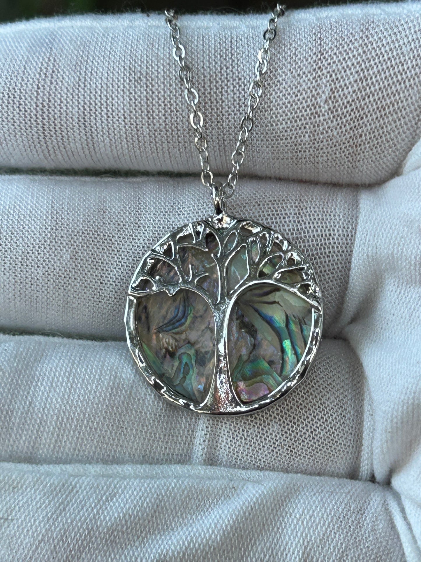 Tree of life silver pendant with paua abalone shell background and silver chain necklace