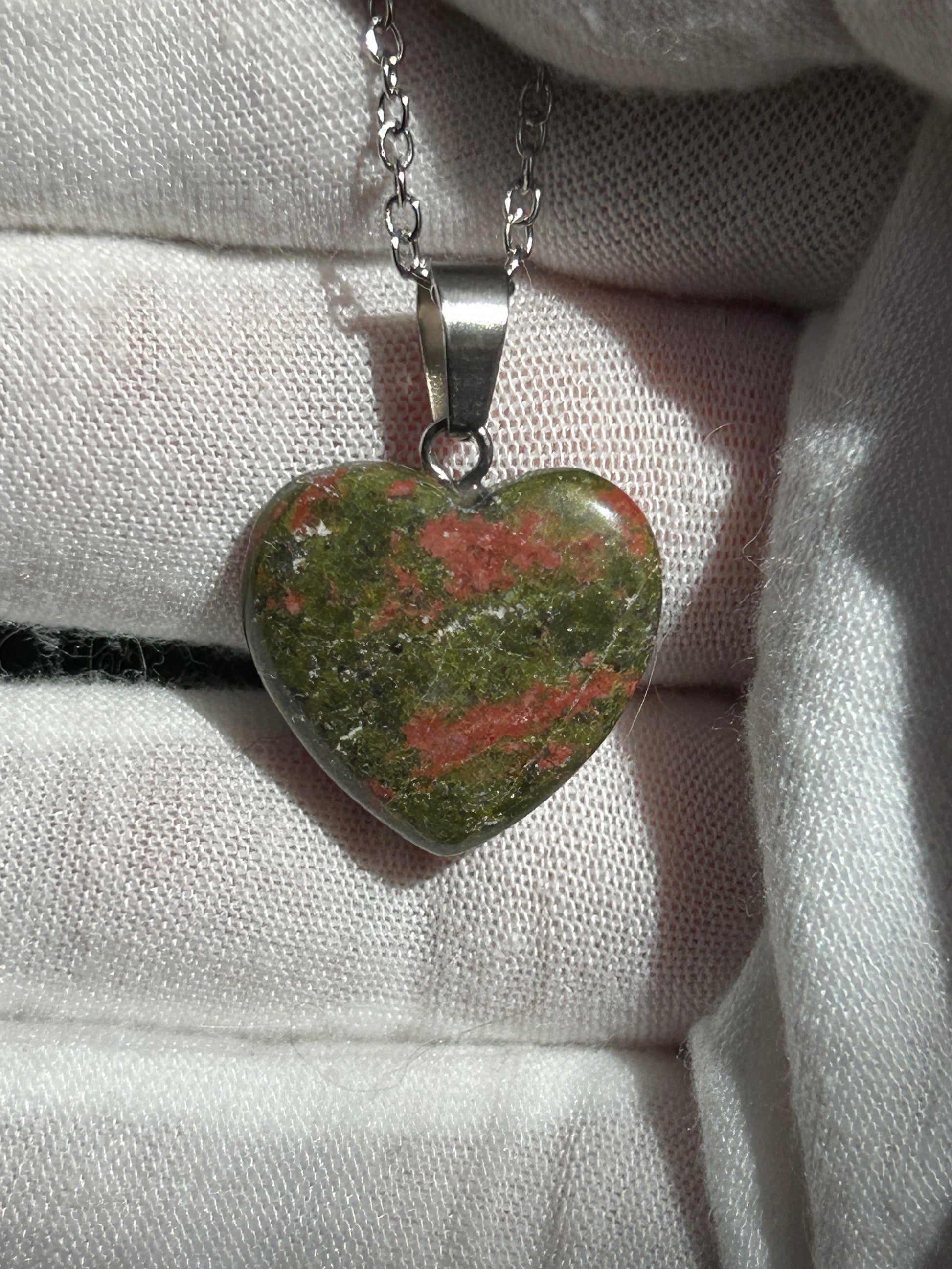 green orange tones unakite heart polished pendant with silver necklace