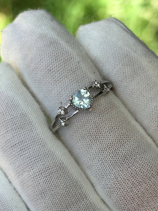 Aquamarine Faceted Crystal Heart Adjustable Ring