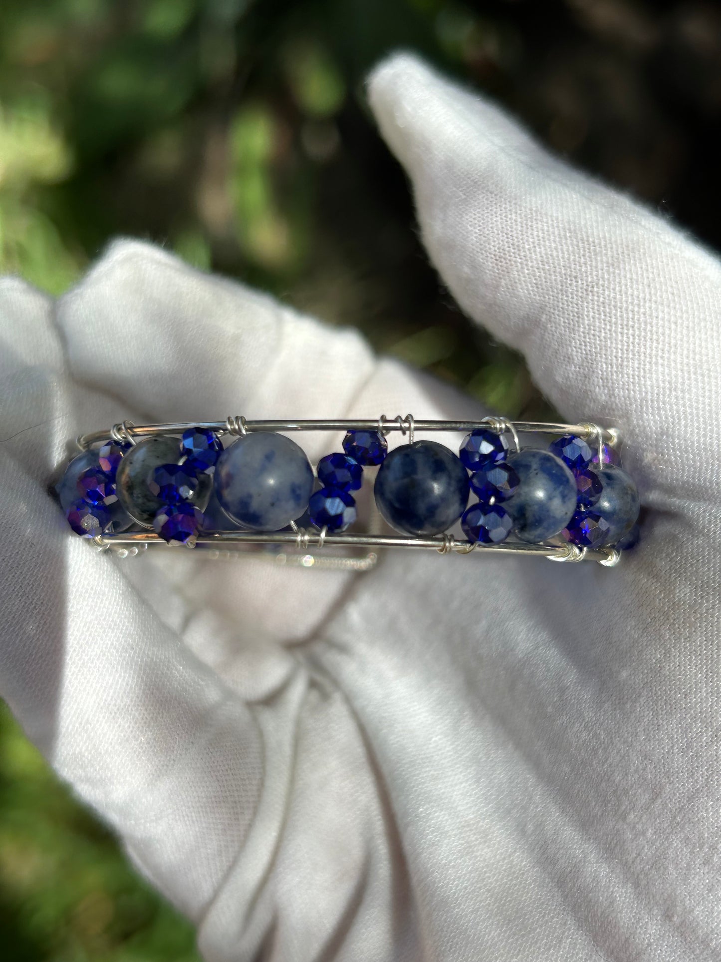 Blue Spot Jasper and Decorative Bead Silver Bracelet