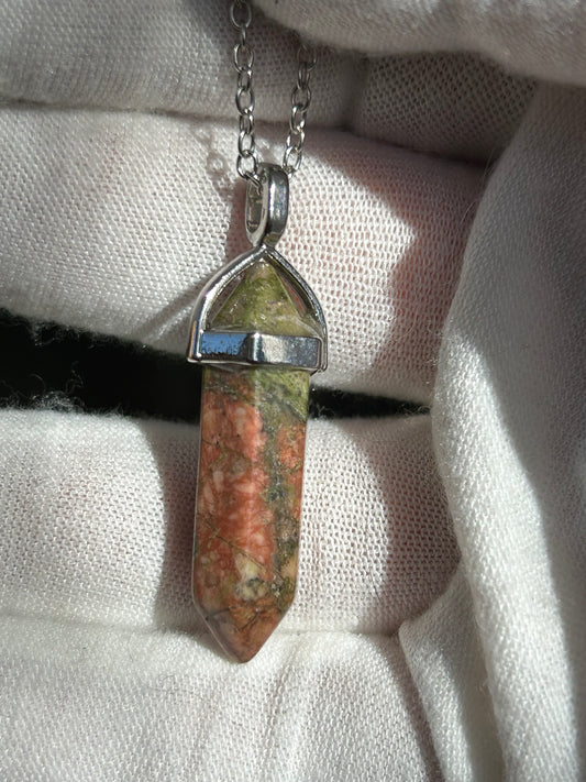 Orange green tones unakite pendant on silver necklace