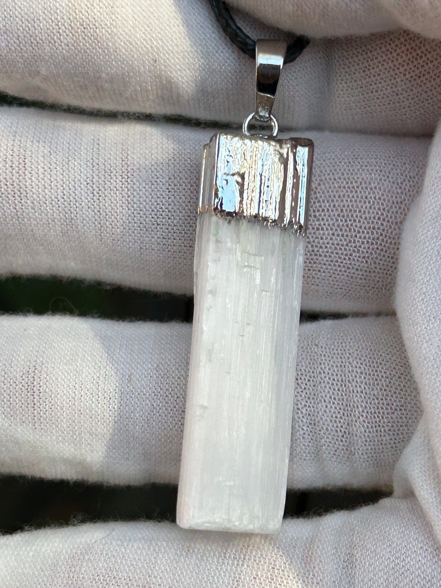 Selenite Cuboid pendant with silver top and black cord necklace