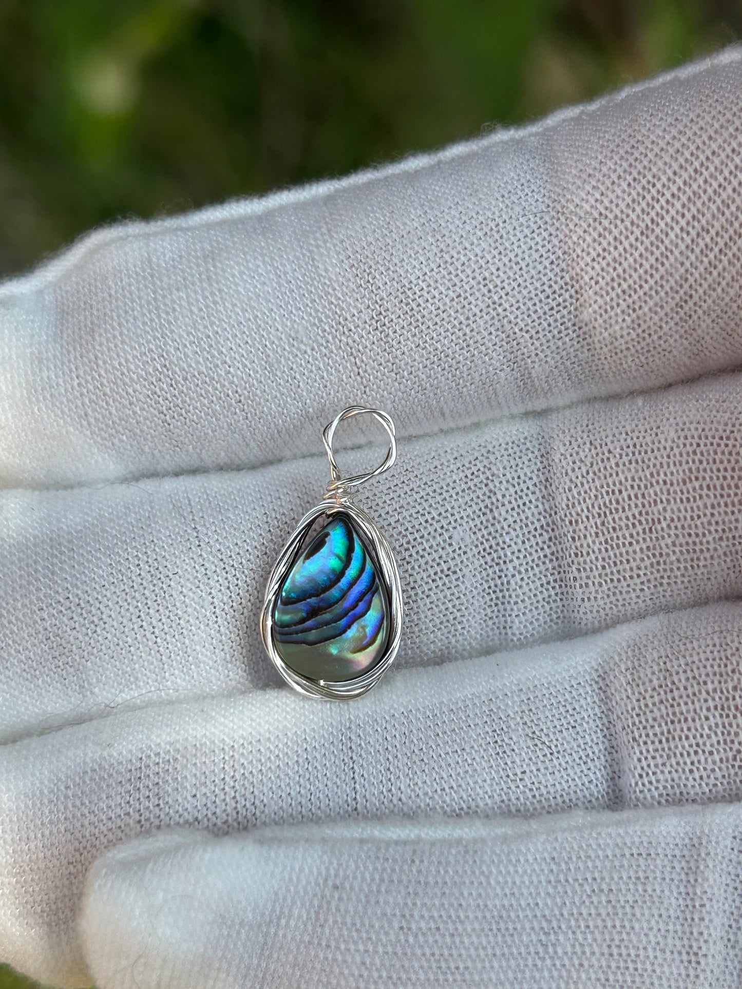 Small Paua Abalone shell silver wrapped pendant or charm