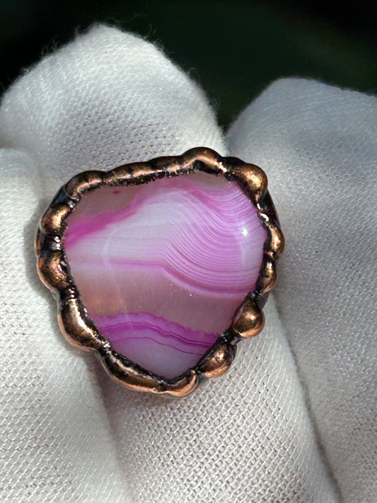 Pink Agate Heart shaped rustic copper solder adjustable ring