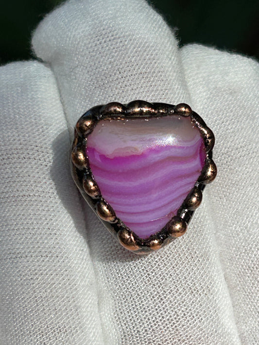 Pink Agate Heart shaped rustic copper solder adjustable ring