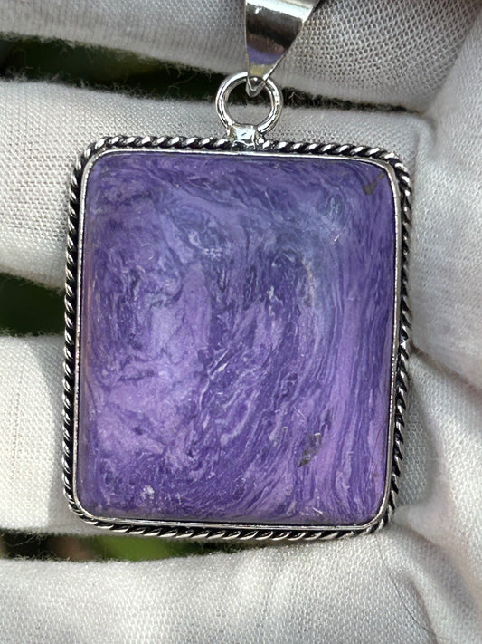 Lare purple charoite square pendant in 925 Sterling Silver setting