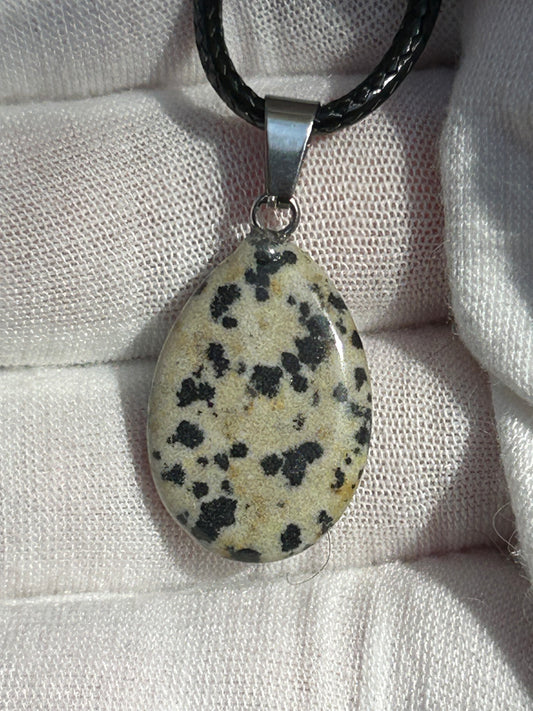 Dalmatian Jasper Polished Rain Drop Pendant with silver pendant attachment and black cord necklace