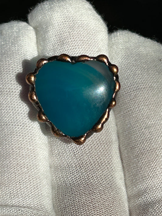 heart shaped blue agate ring in rustic copper solder setting