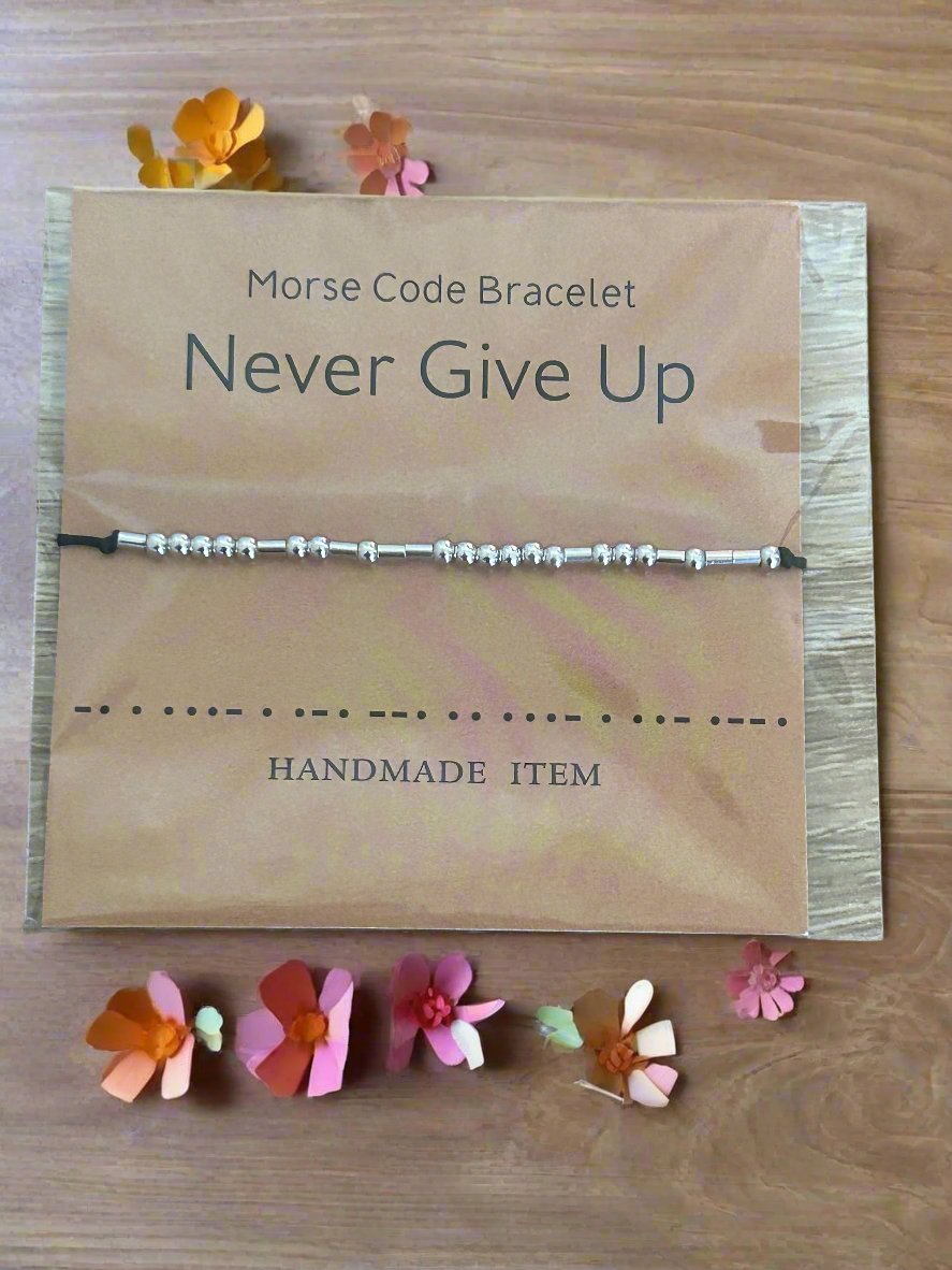 Morse Code black and silver 'Never Give Up' Bracelet