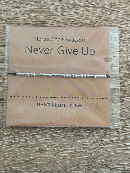 Morse Code black and silver 'Never Give Up' Bracelet