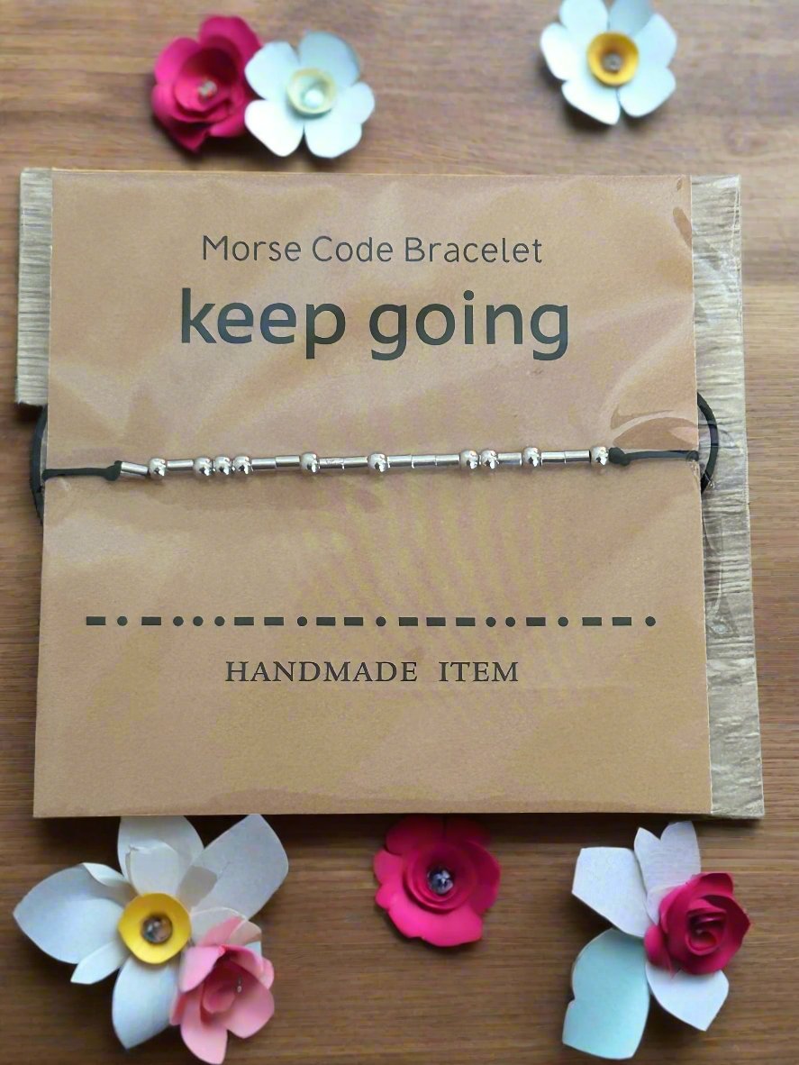 Morse Code black and silver 'Keep Going' Bracelet