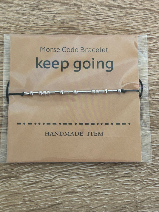 Morse Code black and silver 'Keep Going' Bracelet