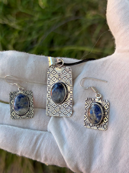 Sodalite with patterned 925 Sterling Silver Plating Earrings and and Pendant Set