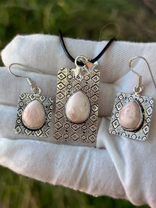 Pink Scolecite with patterned 925 Sterling Silver Plating Earrings and and Pendant Set