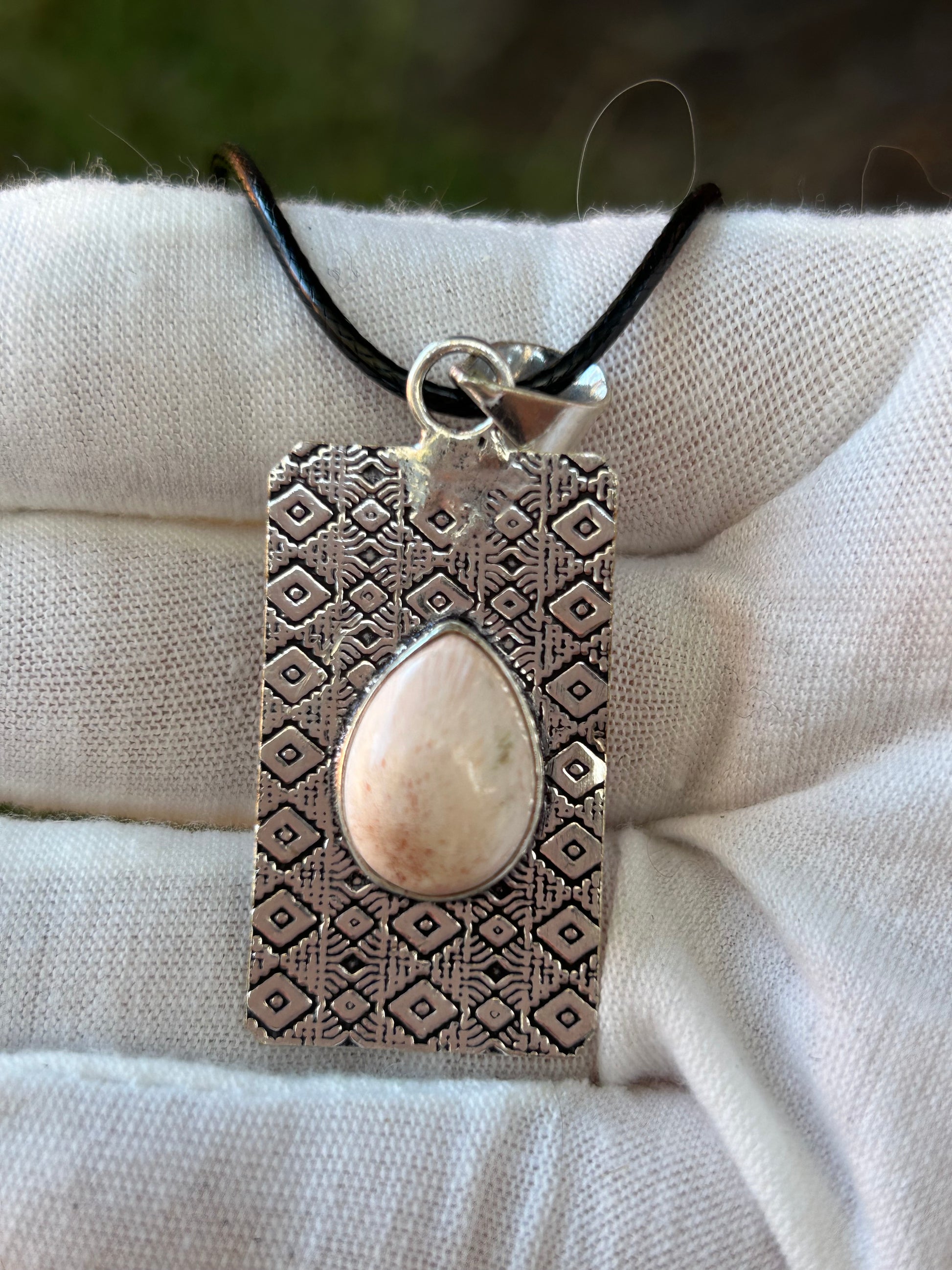 Pink Scolecite with patterned 925 Sterling Silver Plating  Pendant 