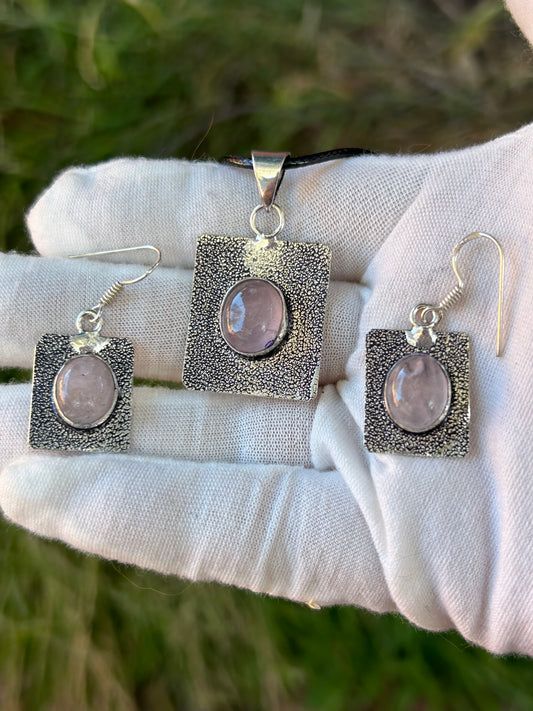 Rose Quartz with patterned 925 Sterling Silver Plating Earrings and and Pendant Set