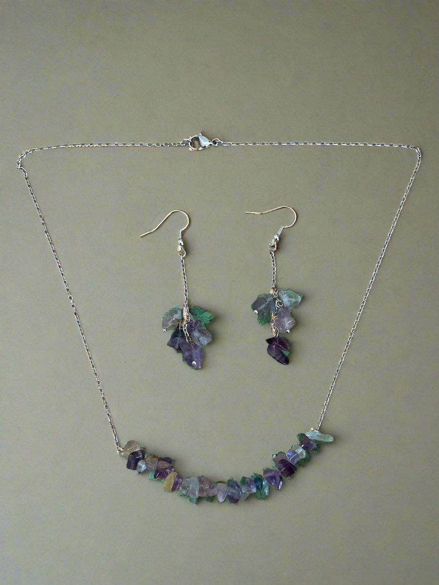 Rainbow Fluorite Crystal Chip  Silver Earrings and and Necklace Set